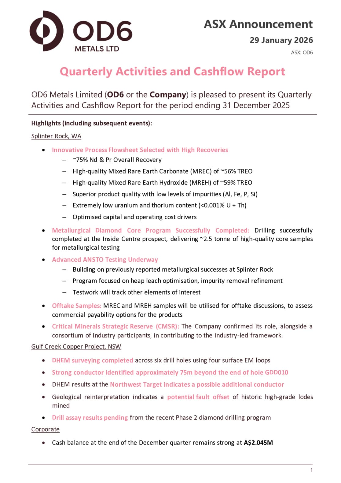 Quarterly Activities/Appendix 5B Cash Flow Report