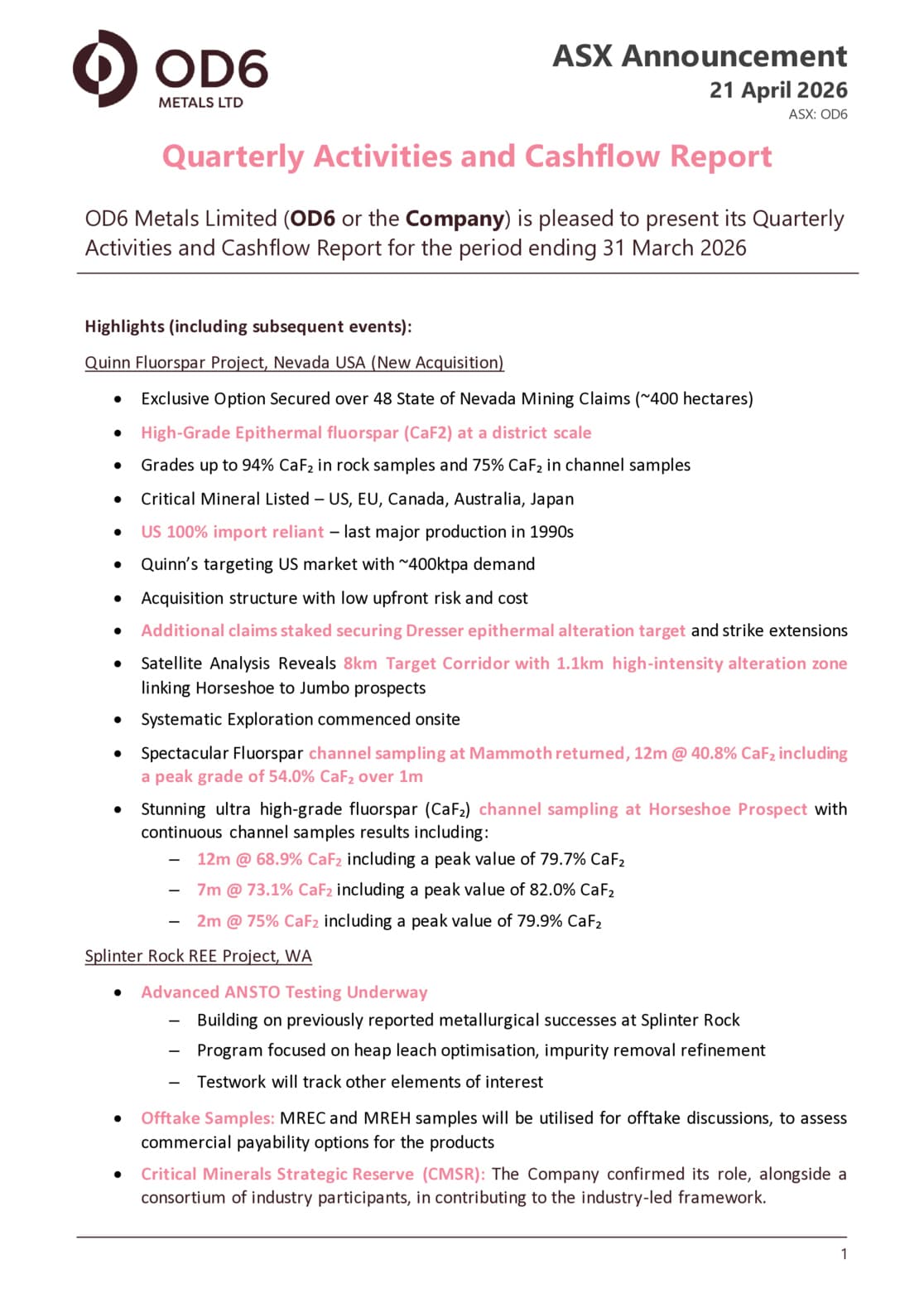 Quarterly Activities/Appendix 5B Cash Flow Report