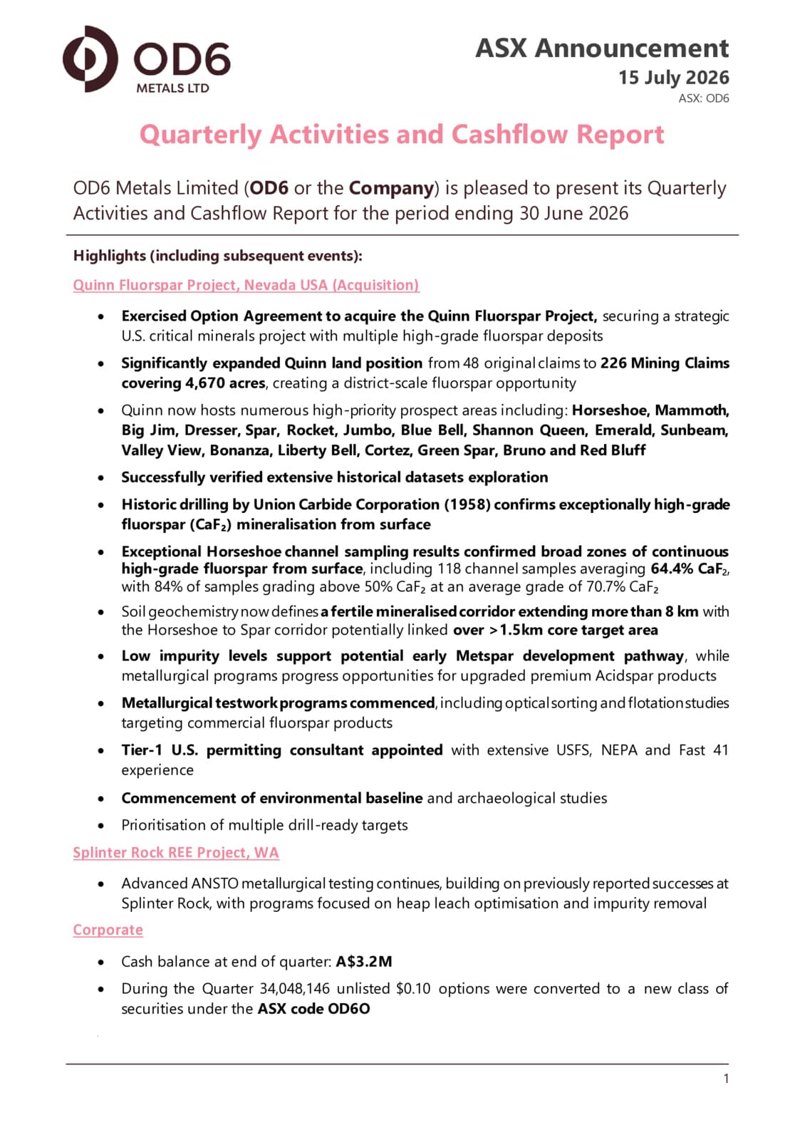 Quarterly Activities/Appendix 5B Cash Flow Report